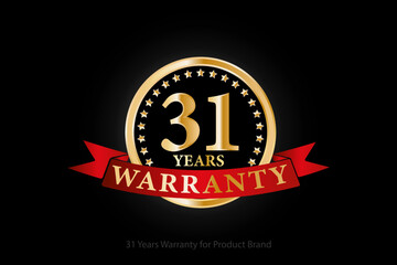 31 years golden warranty logo with ring and red ribbon isolated on black background, vector design for product warranty, guarantee, service, corporate, and your business.