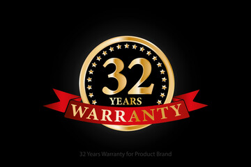 32 years golden warranty logo with ring and red ribbon isolated on black background, vector design for product warranty, guarantee, service, corporate, and your business.
