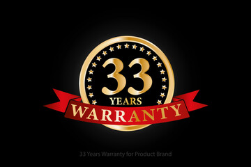 33 years golden warranty logo with ring and red ribbon isolated on black background, vector design for product warranty, guarantee, service, corporate, and your business.
