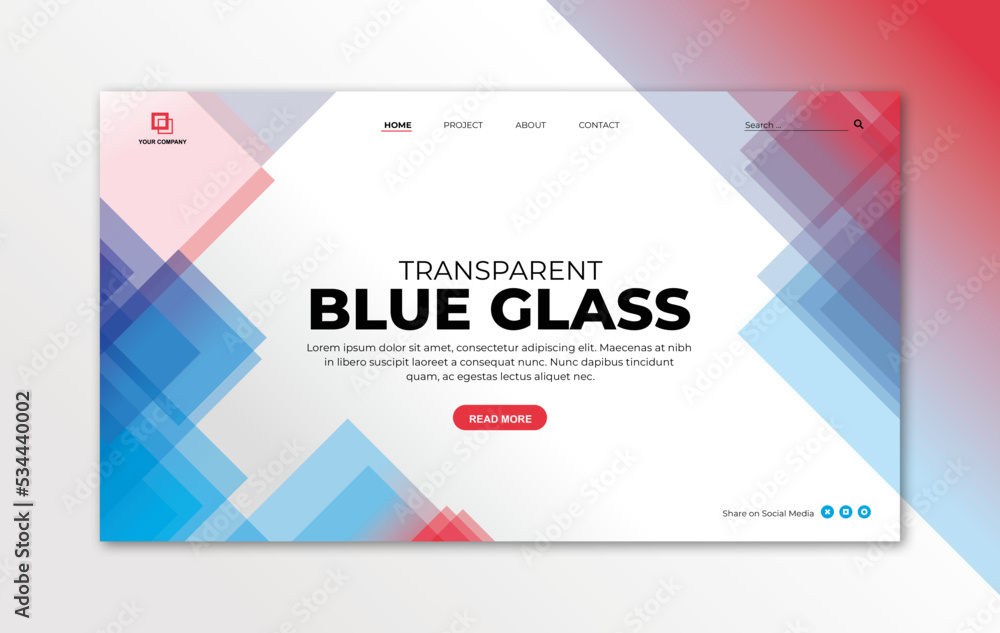 Canvas Prints landing page template with transparent glass in blue and red triangle geometric shape on white backg