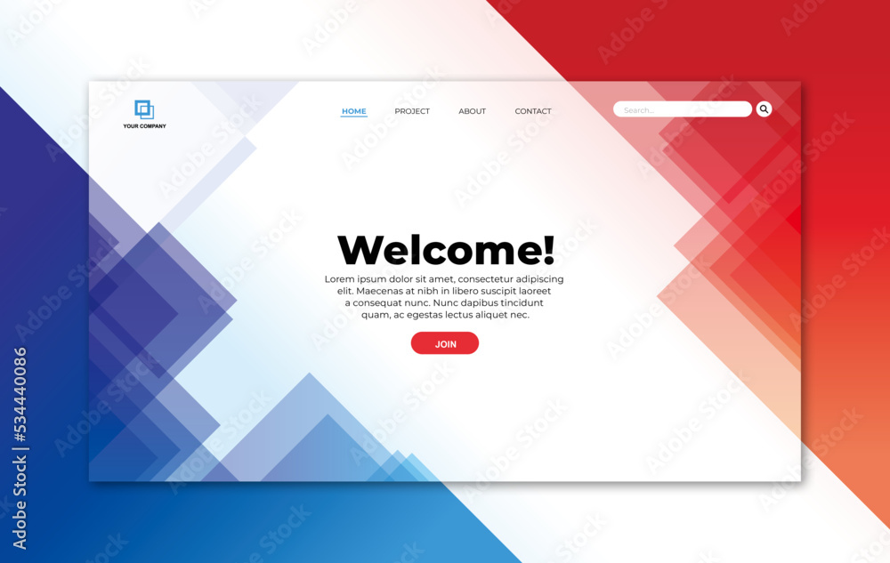 Canvas Prints landing page template with transparent glass in blue and red triangle geometric shape on white backg