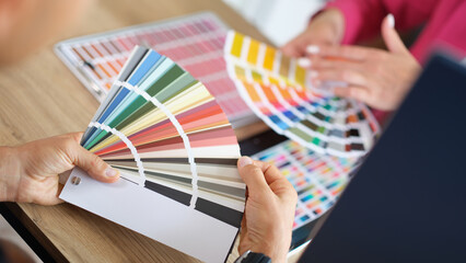 Creative designer advises client and shows color sample in color palette