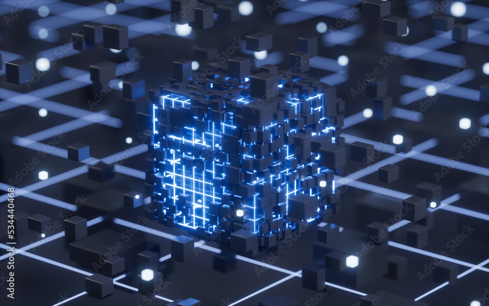 Aufkleber abstract glowing cubes and lines, circuits and materials, 3d rendering.