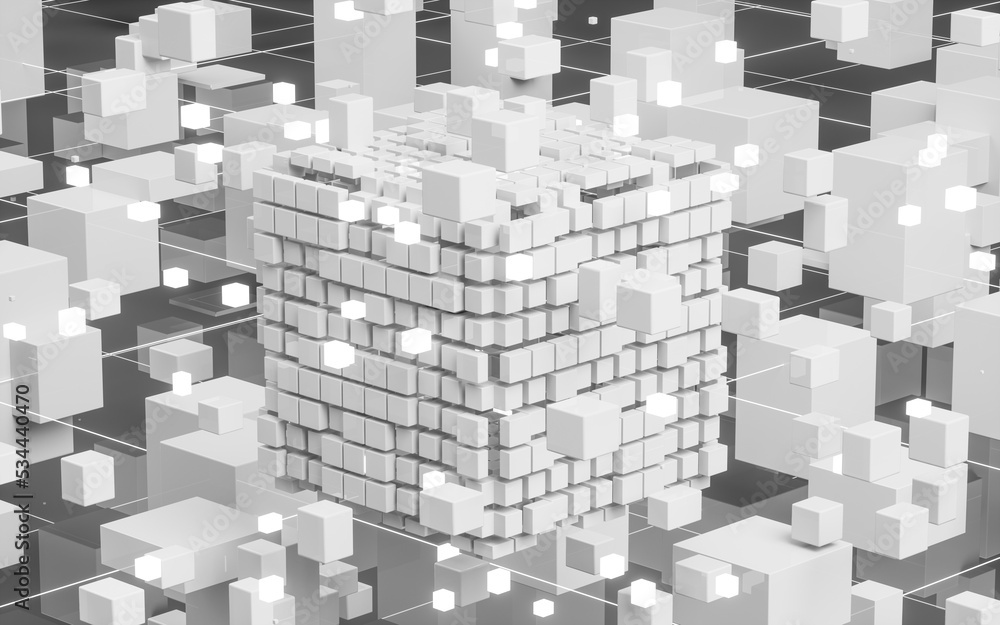 Poster abstract glowing cubes and lines, circuits and materials, 3d rendering.