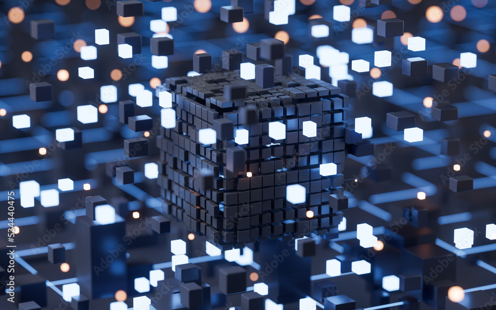 Poster abstract glowing cubes and lines, circuits and materials, 3d rendering.