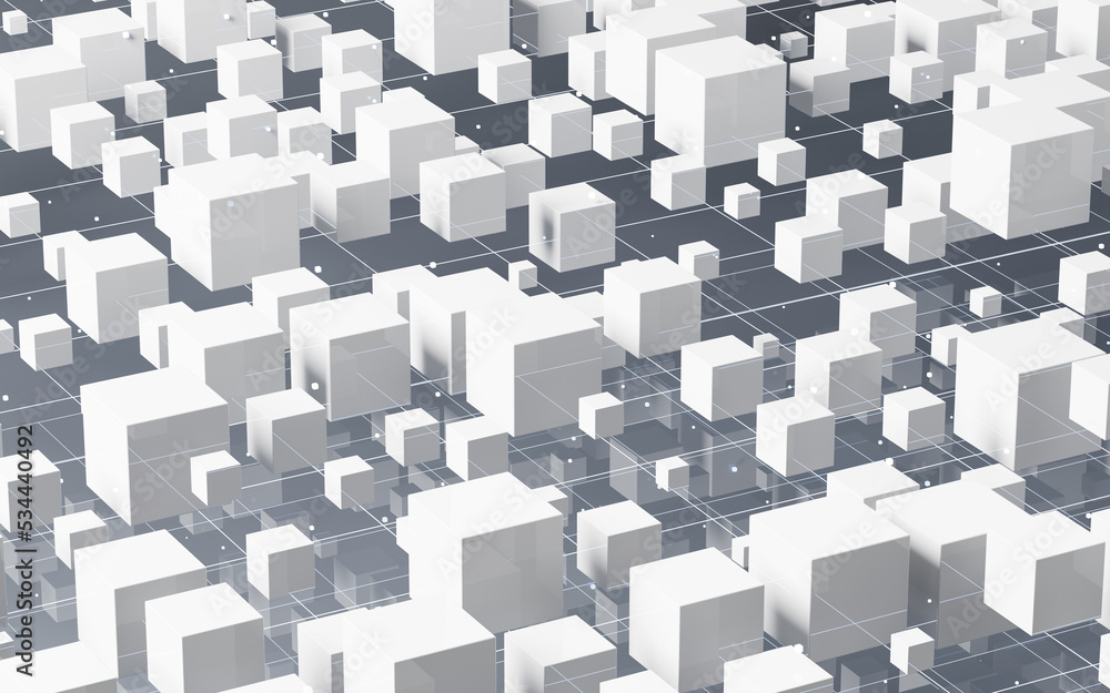 Poster abstract glowing cubes and lines, circuits and materials, 3d rendering.