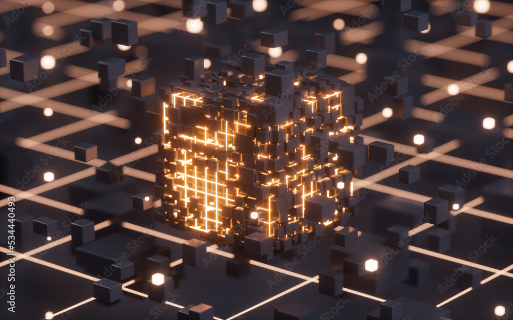 Poster abstract glowing cubes and lines, circuits and materials, 3d rendering.
