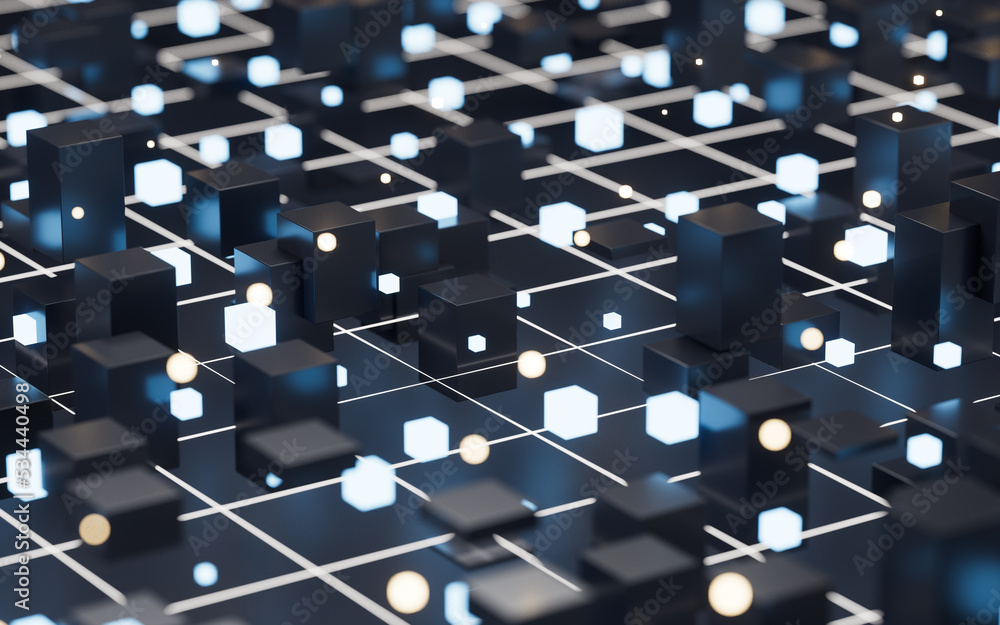 Poster abstract glowing cubes and lines, circuits and materials, 3d rendering.
