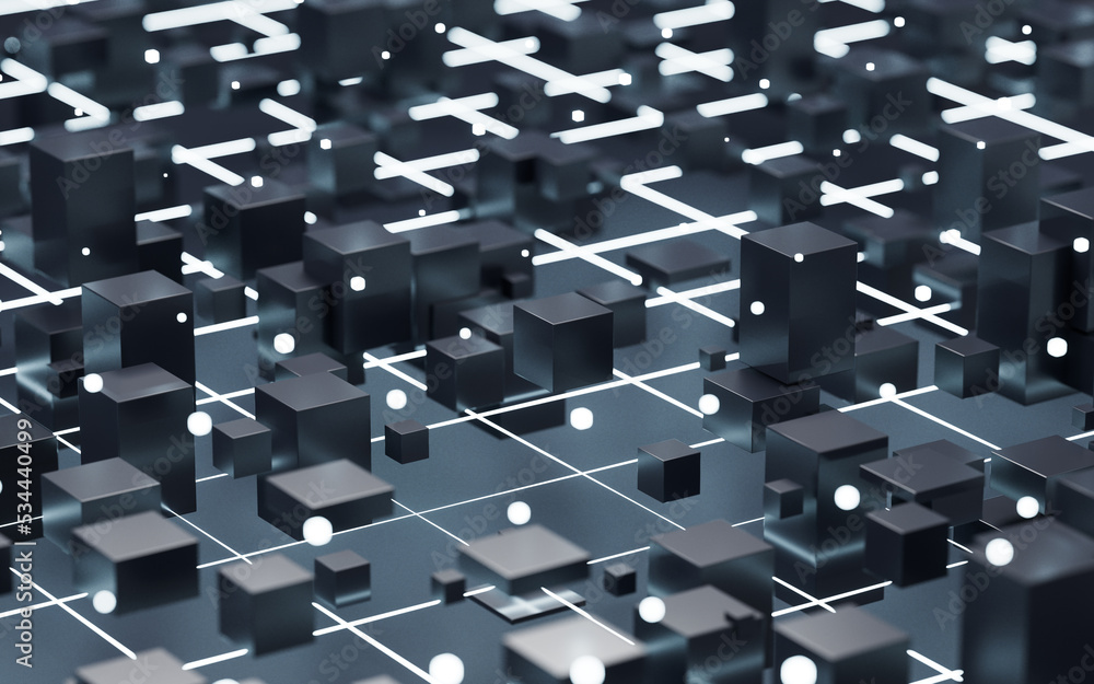 Poster abstract glowing cubes and lines, circuits and materials, 3d rendering.