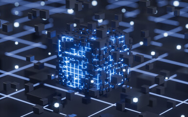 Abstract glowing cubes and lines, circuits and materials, 3d rendering.