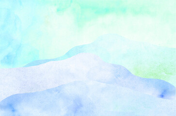 Watercolor background, mountains and sky hills, pale blue turquoise, cornflower blue, violet color transition, landscape