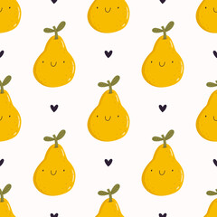 Cartoon kawaii pears and tiny hearts. Vector seamless pattern. Fruit background.
