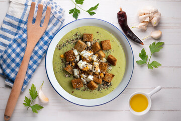 Artichoke cream with bread croutons and boiled egg. Typical Spanish vegan tapas.