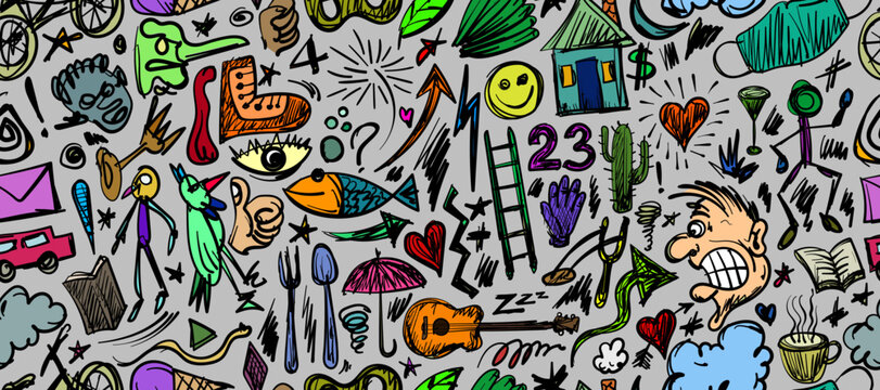 Colorful doodle background seamless pattern for fabric, wrapping paper, wallpaper design.