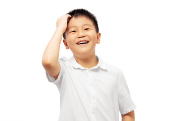 Confused kid laughing with hand scratching head