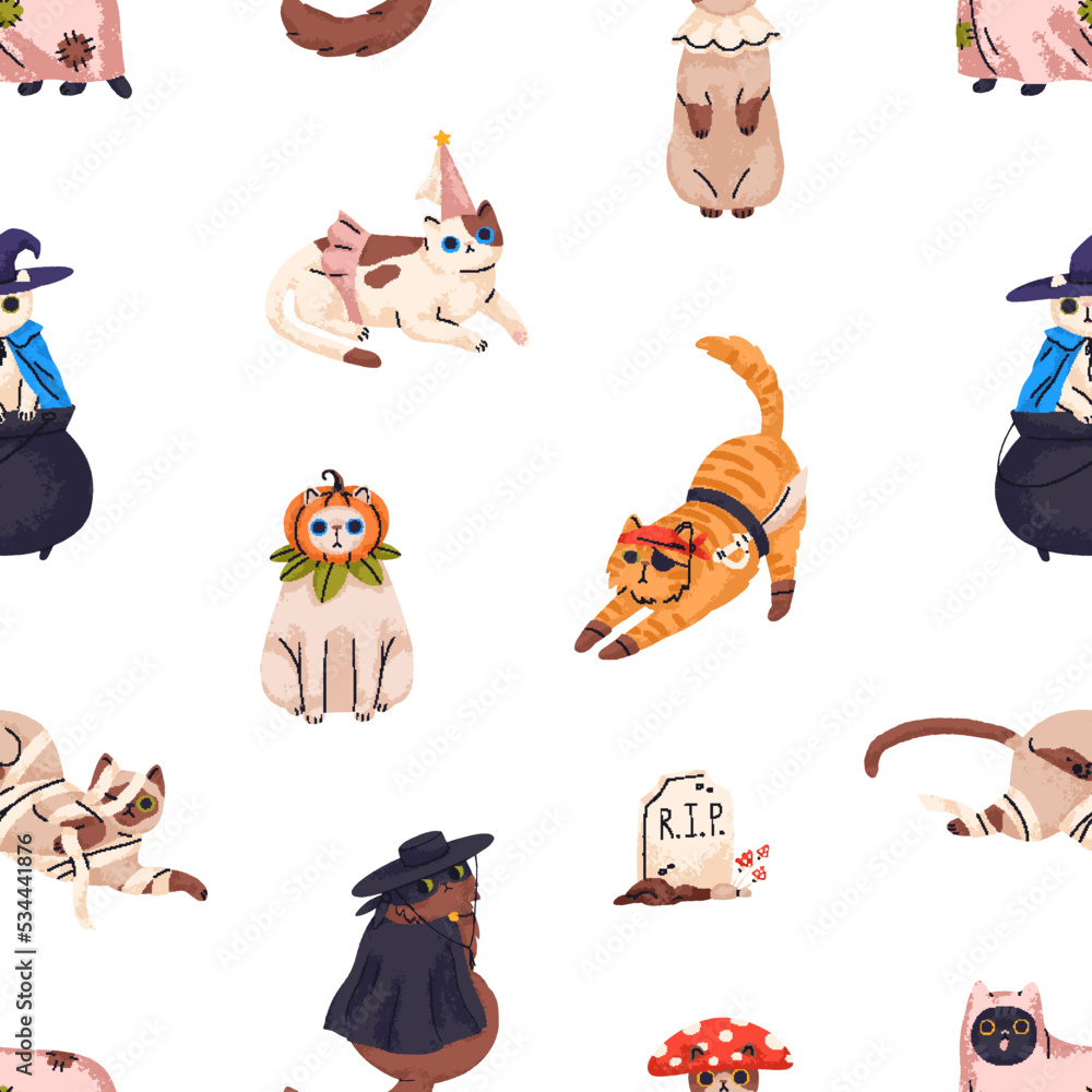 Poster seamless halloween pattern with cute cats. endless background with funny kitties in helloween costum