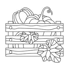 Pumpkins, coloring book. Harvest in a wooden box . Wood tray for farm vegetable