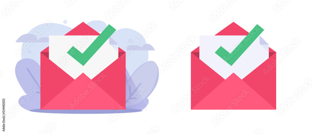 Poster check verify and valid email message icon vector or passed confirmation tick mark mail letter flat g