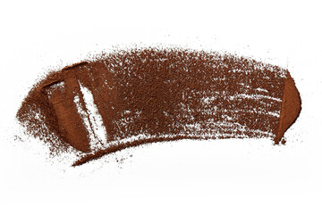 Ground coffee macro on white background. Strip of ground coffee texture isolated. Food background