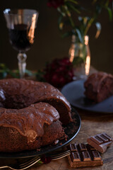 chocolate cake with christmas decoration and wine