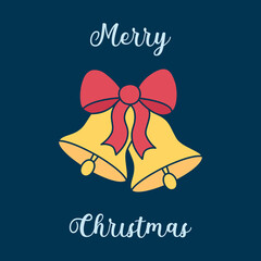 Cute Merry Chrismas greeting card with golden bells and bow. Square vector illustration of two jingle bells on dark background. Composition of Christmas symbol and vintage text