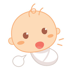 The baby wears a swaddling diaper and is babbling. Cute baby milestone.