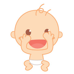 The baby wears a diaper and plays peek-a-boo. Cute baby milestone.