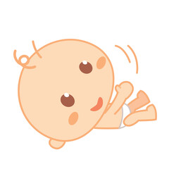 The baby wears a diaper trying to roll over. Cute baby milestone.