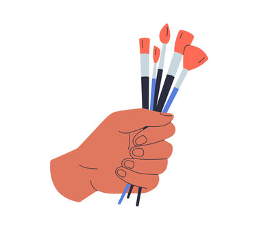 Hand holding paintbrushes bunch with different bristles. Artists arm squeezing many, lot of paint brushes, drawing painting tool in fist. Flat vector illustration isolated on white background