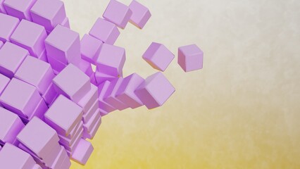 A set of many soft purple cubes that are collapsing under black-orange lighting background. Conceptual 3D CG of blockchain, financial system and personal data analysis.