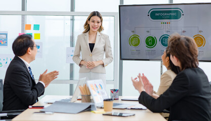Millennial Asian successful professional female businesswoman lecturer in formal white suit standing pointing finger at infographic presentation monitor screen presenting explaining to audience