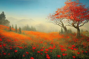 Fototapeta na wymiar Enchanted hill with tree and poppies. High quality 2d abstract illustration