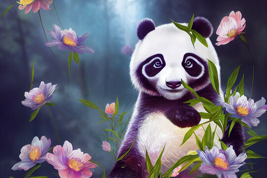 A fantasy panda with flowers and a beautiful magical fairy tale enchanted forest. Artistic abstract beautiful nature. Perfect for phone wallpaper or for posters.