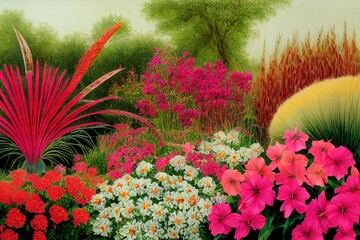A colorful grouping of garden containers incorporating fuchsia mandevilla, ornamental fountain grass, petunias and mexican feather grass