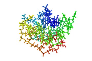 Structure of the human telomeric repeat D (AG3(T2AG3)3) of the G-quadruplex. Molecular model. Rendering based on protein data bank entry 143d. Rainbow coloring from N to C. 3d illustration