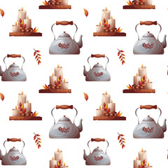Teapot and candles seamless pattern