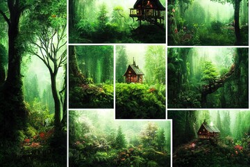 enchanted forest with tree house. High quality 2d abstract illustration