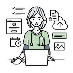 デスクで座ってPCでプロジェクトやタスクの管理の仕事をしている看護師の女性