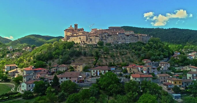 Aerial view of the medieval town of Contigliano with numerous sixteenth and seventeenth-century palaces. Contigliano, Rieti province, Lazio, Italy, Europe
