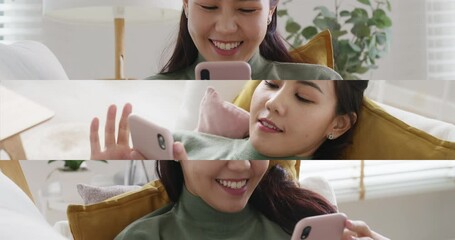 Young attractive beautiful casual asia female lady or student look at cellphone play social media app lying down at sofa couch living room feel relax comfort carefree at home apartment. - Powered by Adobe