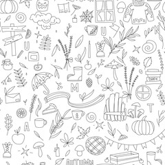 Vector seamless autumn pattern. Autumn warm, cozy doodles. Autumn life of nature, people.