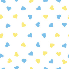 A simple pattern of hearts. little yellow and blue hearts. white  background. Fashionable print for textiles, wallpaper and packaging.