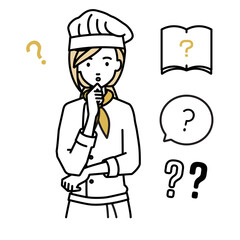 立って手をあごにあてて疑問を感じている調理師の女性 クエスチョンマークのセット