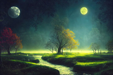 Fototapeta na wymiar Fantasy and magical enchanted fairy tale landscape with forest, fabulous fairytale mysterious background, glowing moon ray in dark night