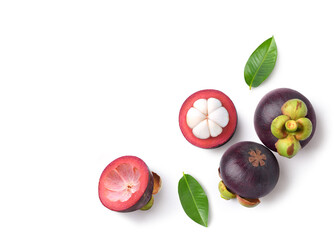 Top view of Mangosteen with cut in half isolated on white background. Clipping path.