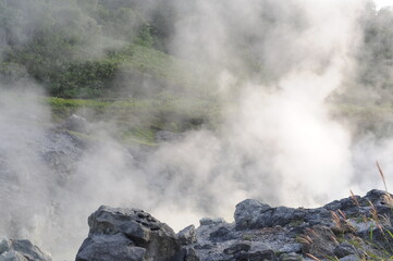 Tamagawa hot spring onsen famous for healing cancer disease thanks to hakutolite rock radiation in mountain valley in Semboku city, Akita prefecture, Tohoku region, northern Japan, Asia