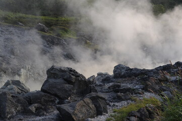 Tamagawa hot spring onsen famous for healing cancer disease thanks to hakutolite rock radiation in mountain valley in Semboku city, Akita prefecture, Tohoku region, northern Japan, Asia