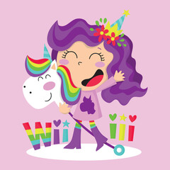 Cute little princess unicorn playing with her unicorn toy and saying Wiii, illustration