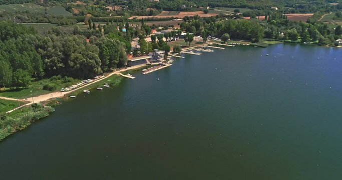 Aerial view of the lake of Piediluco and the Circolo Canottieri Piediluco, a sports and social structure, which mainly deals with rowing. Terni, Umbria, Italy, Europe
