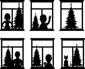 A set of New Year and Christmas silhouettes of people and animals in the window. Vector illustration.
